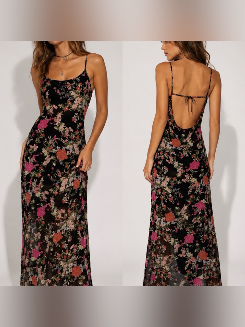 Y2K Silk Blend Floral Slip Dress Open Back Maxi Cottagecore Boho M Romantic